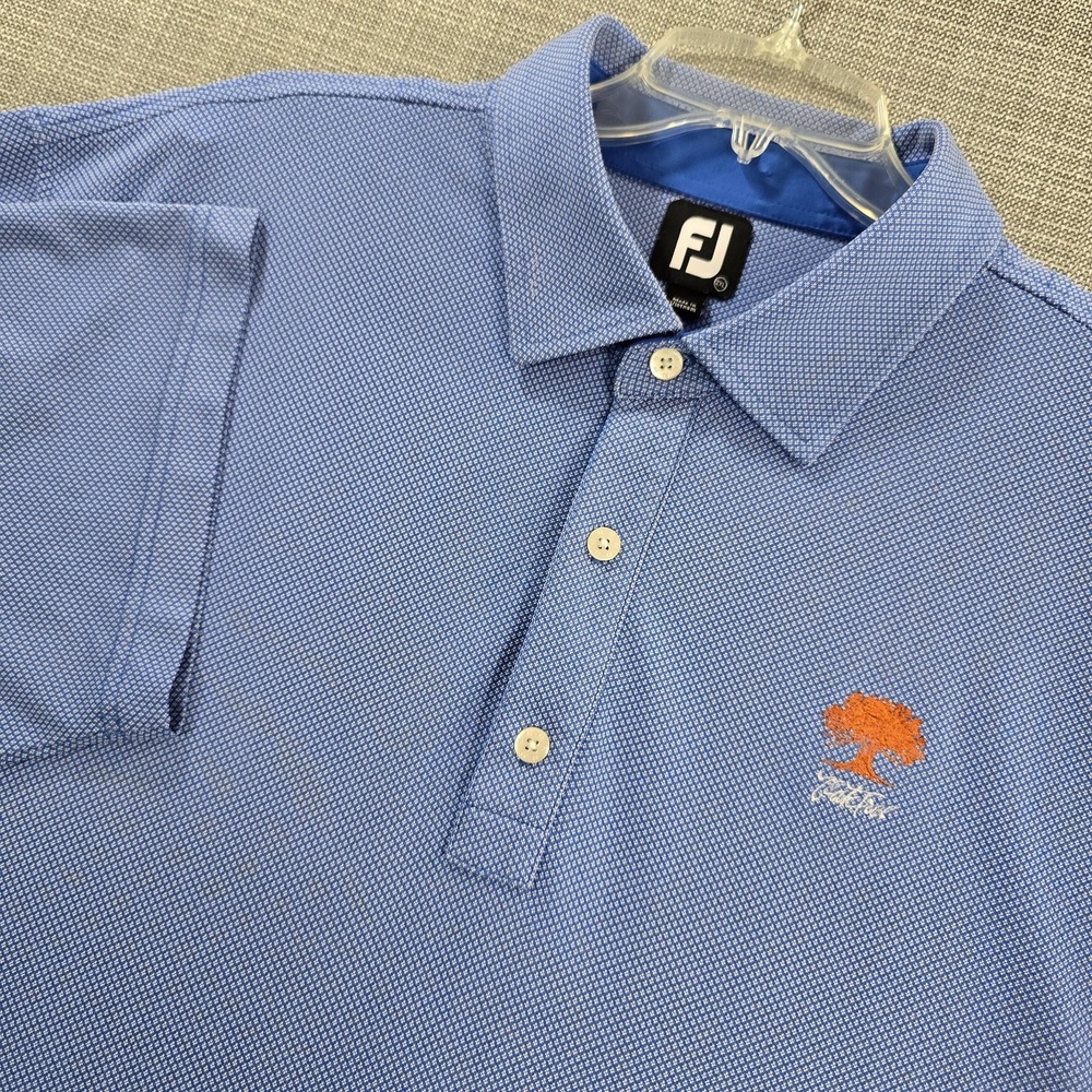 FootJoy FJ Golf Polo Shirt Mens 2XL Blue Micro Pattern Red Fox Logo Embroidered